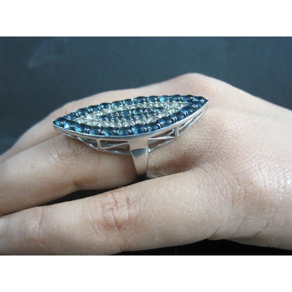 Large Sterling Blue & White Topaz Eye Ring Size 6
